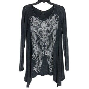 Vocal Black Acid Wash Embellished Fleur De Lis Wing Tunic Top Long Sleeve Boho L